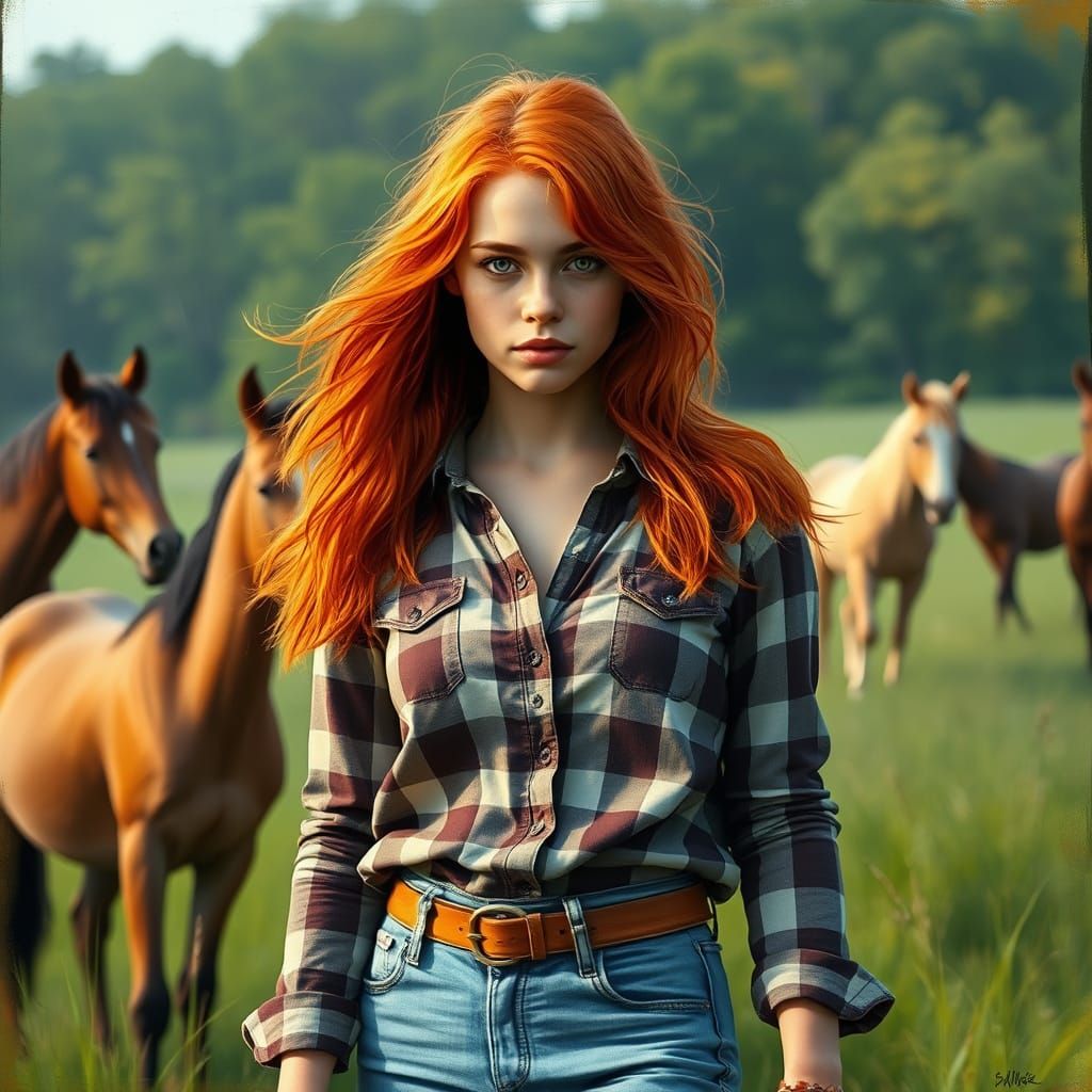 Ethereal Farm Girl in Whimsical Meadow