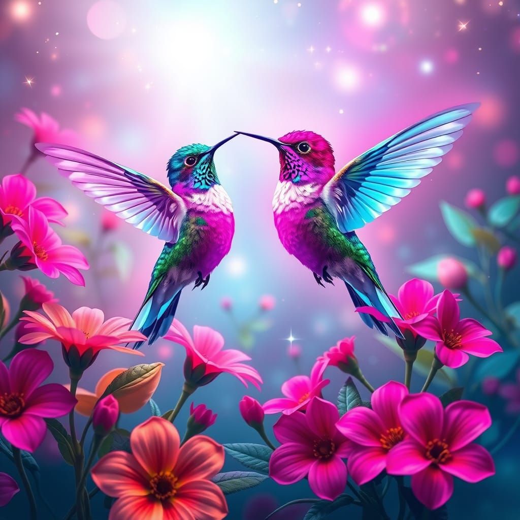 Hummingbirds in Neon Garden: Futuristic Digital Art