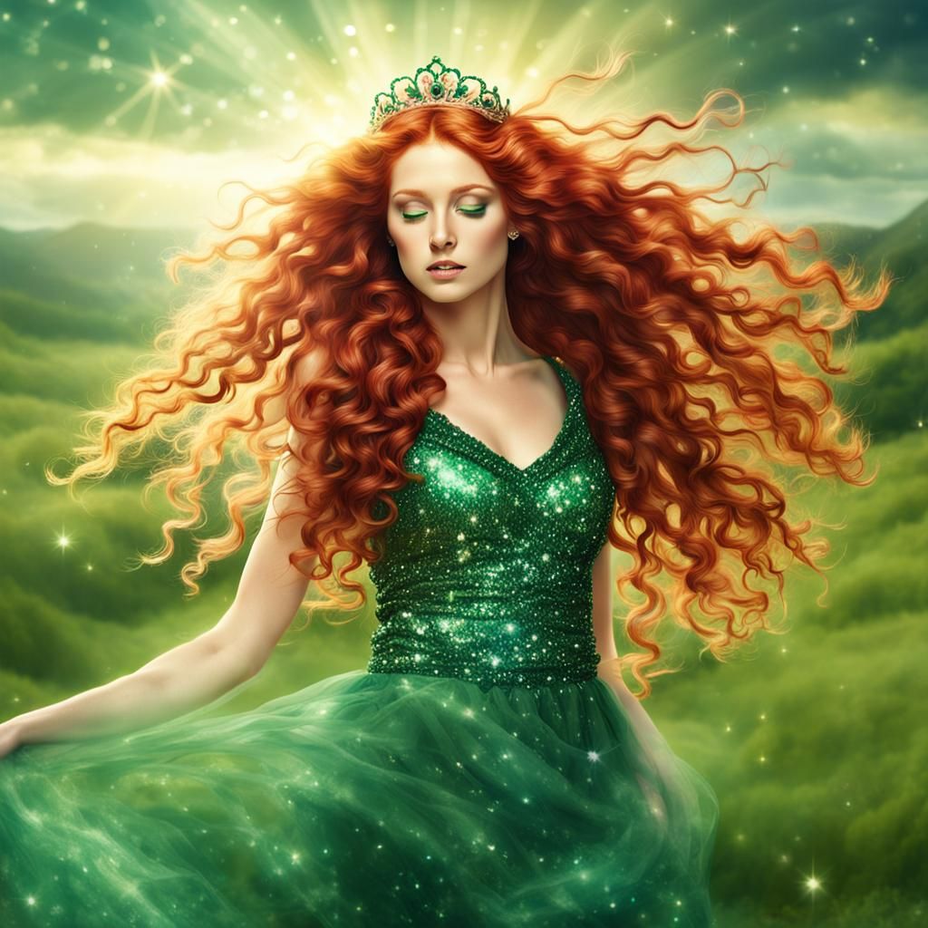 Beautiful Woman with Flowing Red Hair in Sunlight