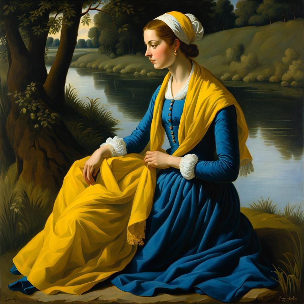 Young Woman by Riverbank in Oil Painting Style
