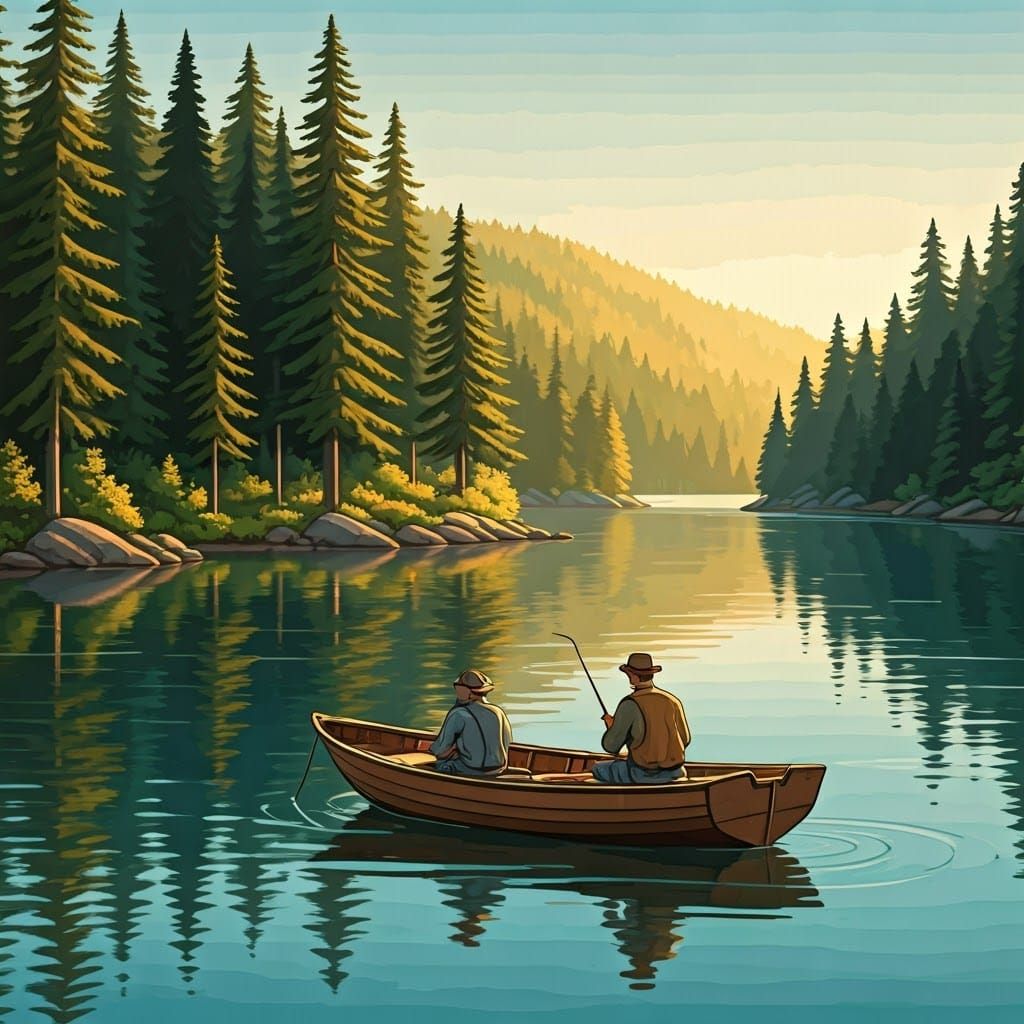Vintage Lakeside Fishing Scene in Hand-Drawn Style