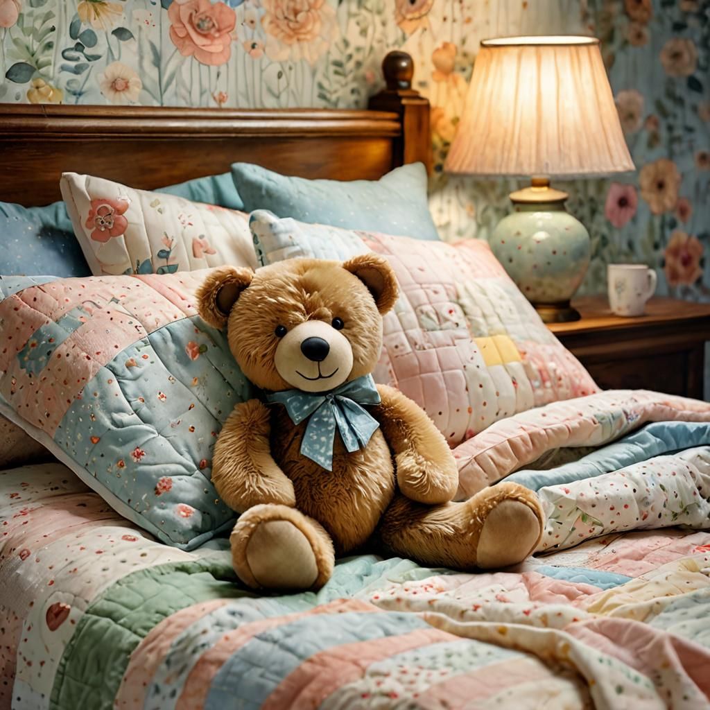 A cozy scene of a teddy bear tucked in bed, ready for a good night’s sleep while cuddling another vintage-style teddy-be...