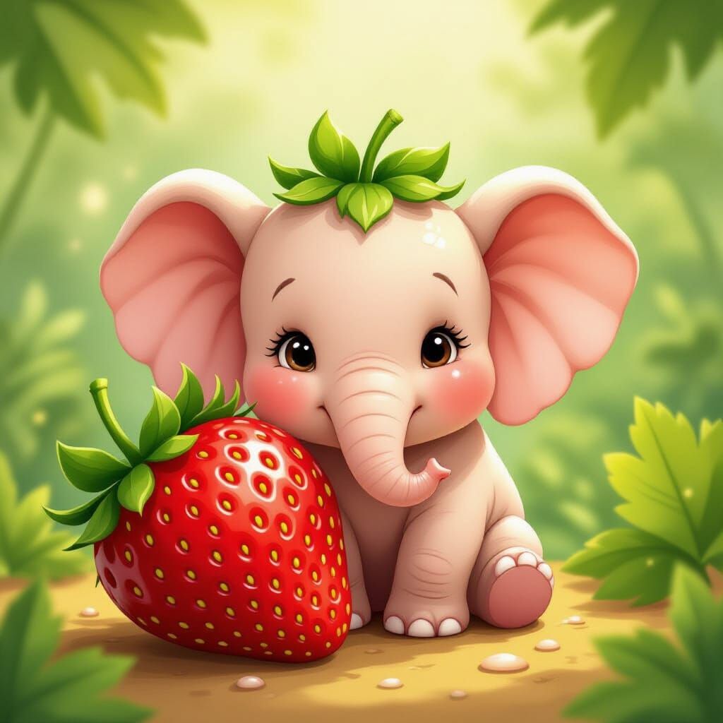 Whimsical Strawberry Elephant in Storybook Style