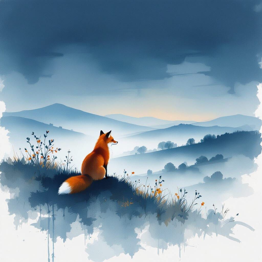 Fox Over Misty Farmland at Blue Hour