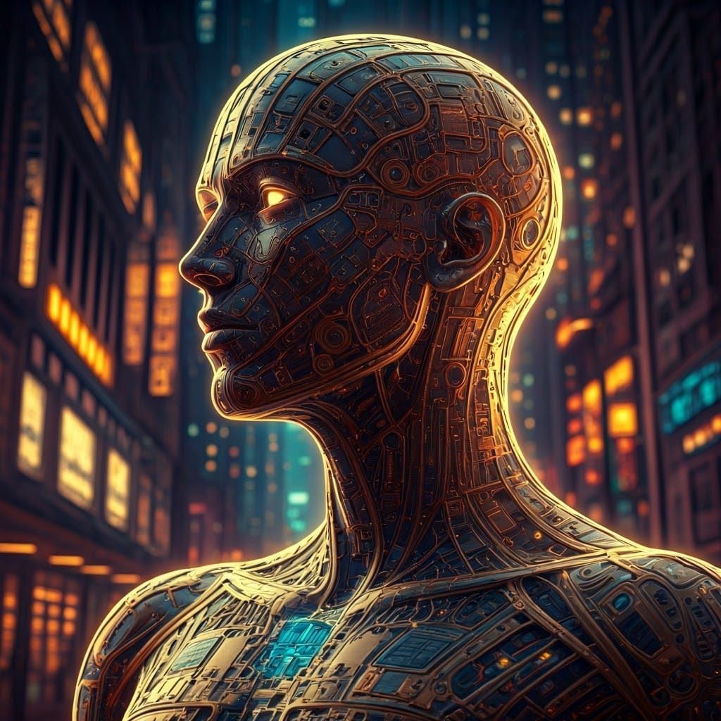 Luminous Android in Neon Cityscape