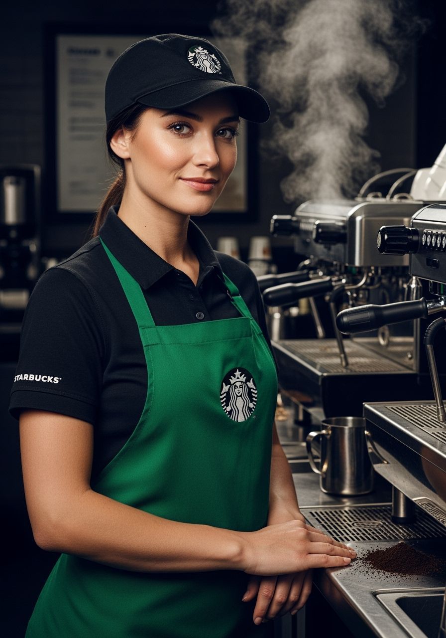 Starbucks Barista Posing with Espresso Machine