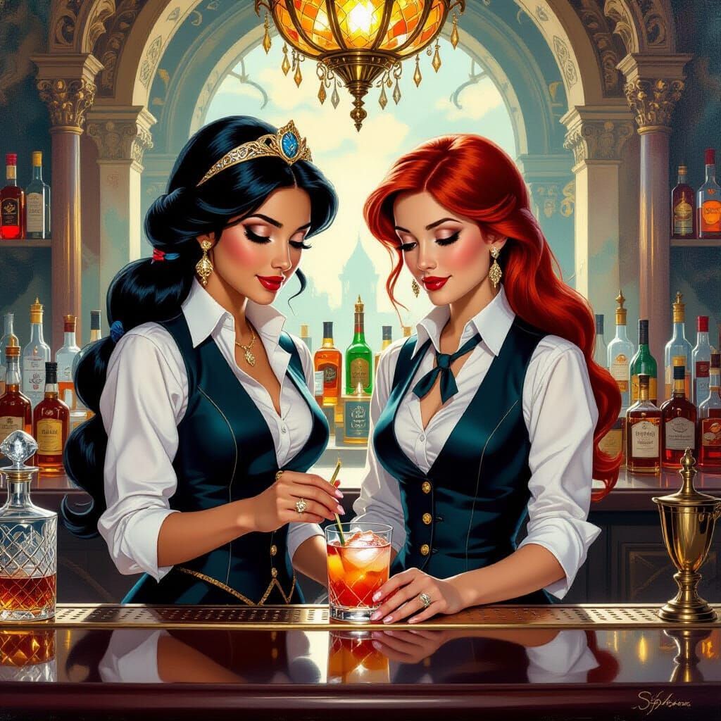 Jasmine and Ariel: Fantasy Mixologists in Oil Painting Style