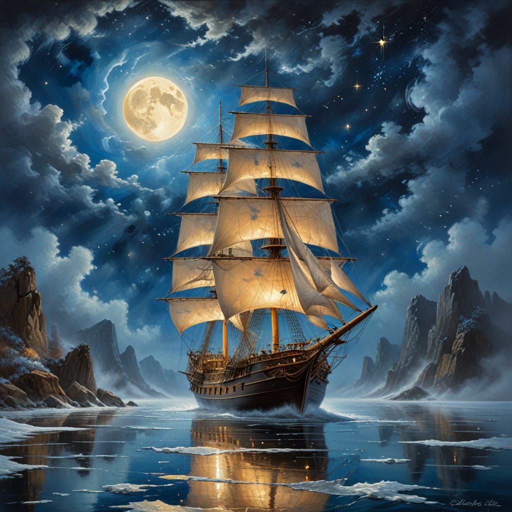 Spectral Sailing Ship Under Golden Sea