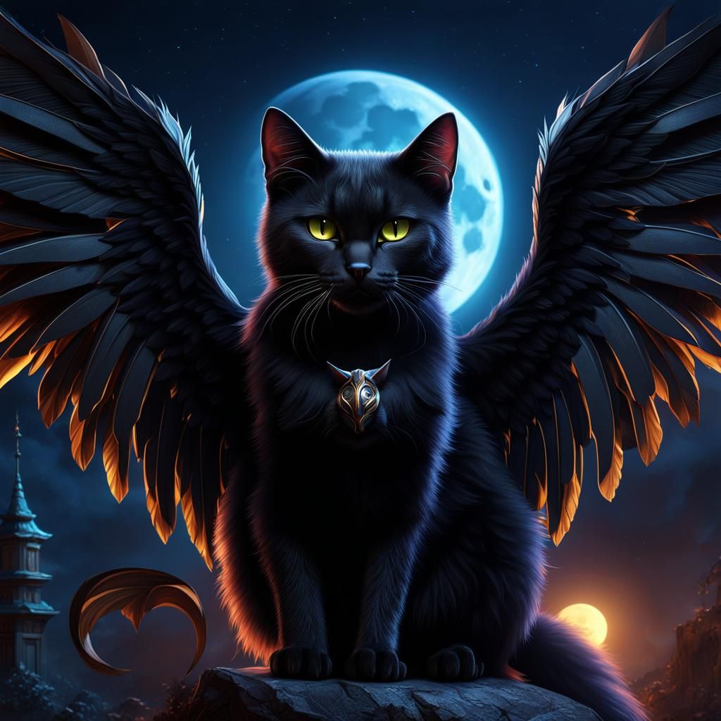 Winged Black Cat on Moonlit Night