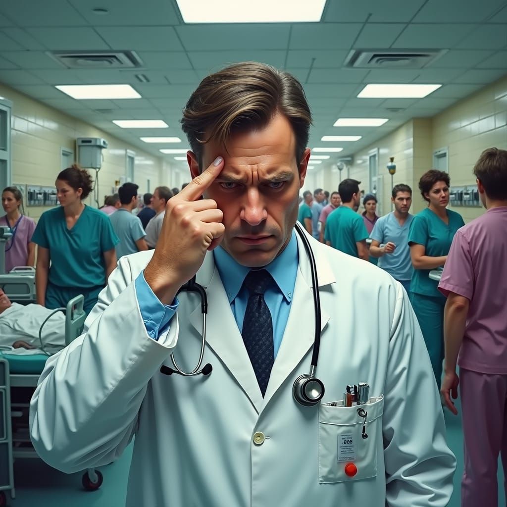 Weary Doctor in Emergency Room Chaos