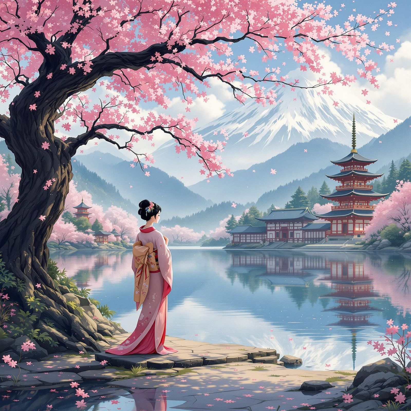 Geisha Under Sakura Tree in Miyazaki Animation Style