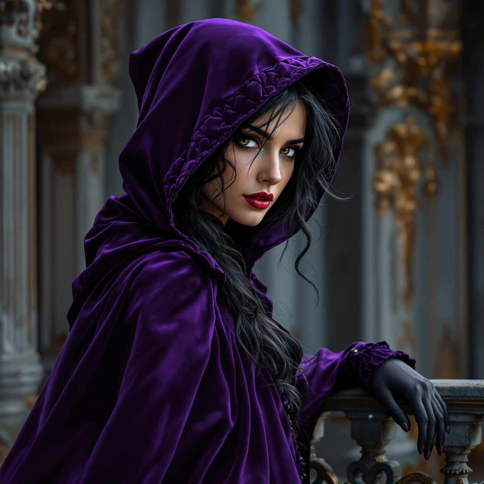 Mysterious Woman in Ornate Purple Velvet Cape