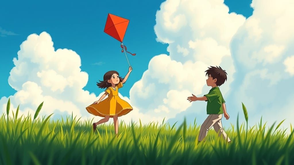 Kids Chase Kite Through Dreamy Animated Landscapes