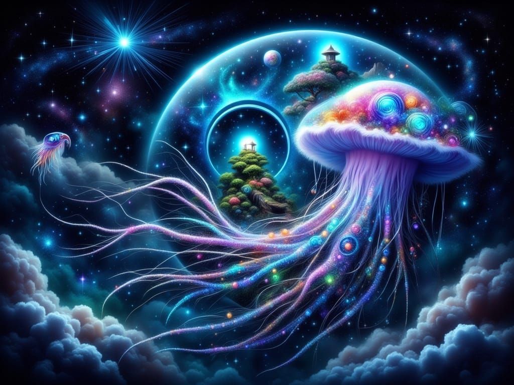 Bioluminescent Jellyfish Drifting Through Space