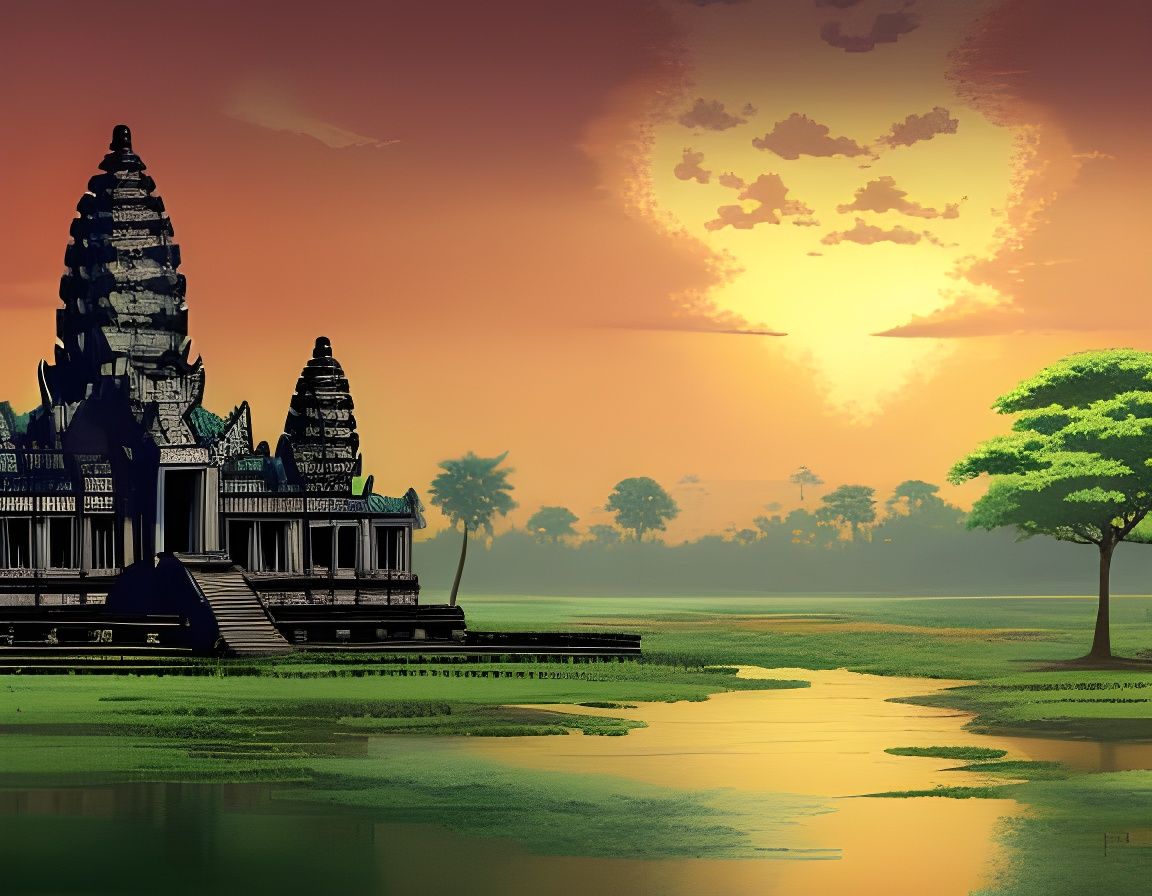 Angkor wat temple on a island stormy weather Studio Ghibli, ...