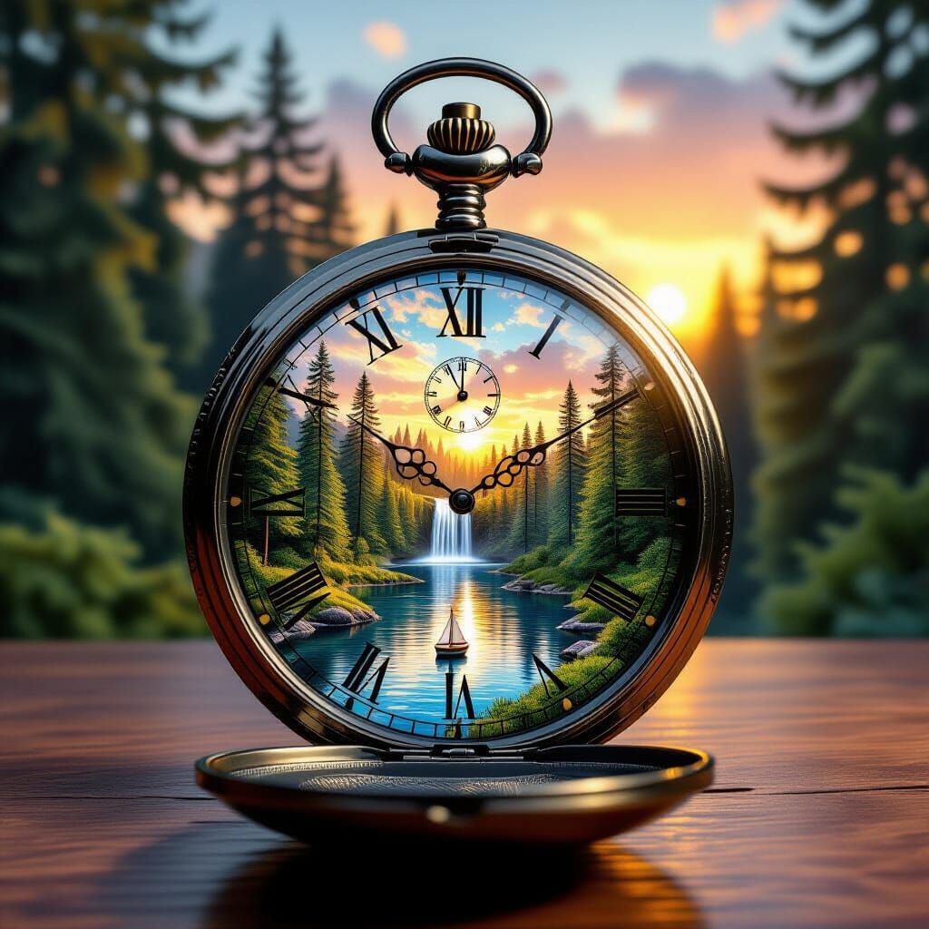 Pine Forest Inside Pocket Watch at Sunset, Hyperrealistic