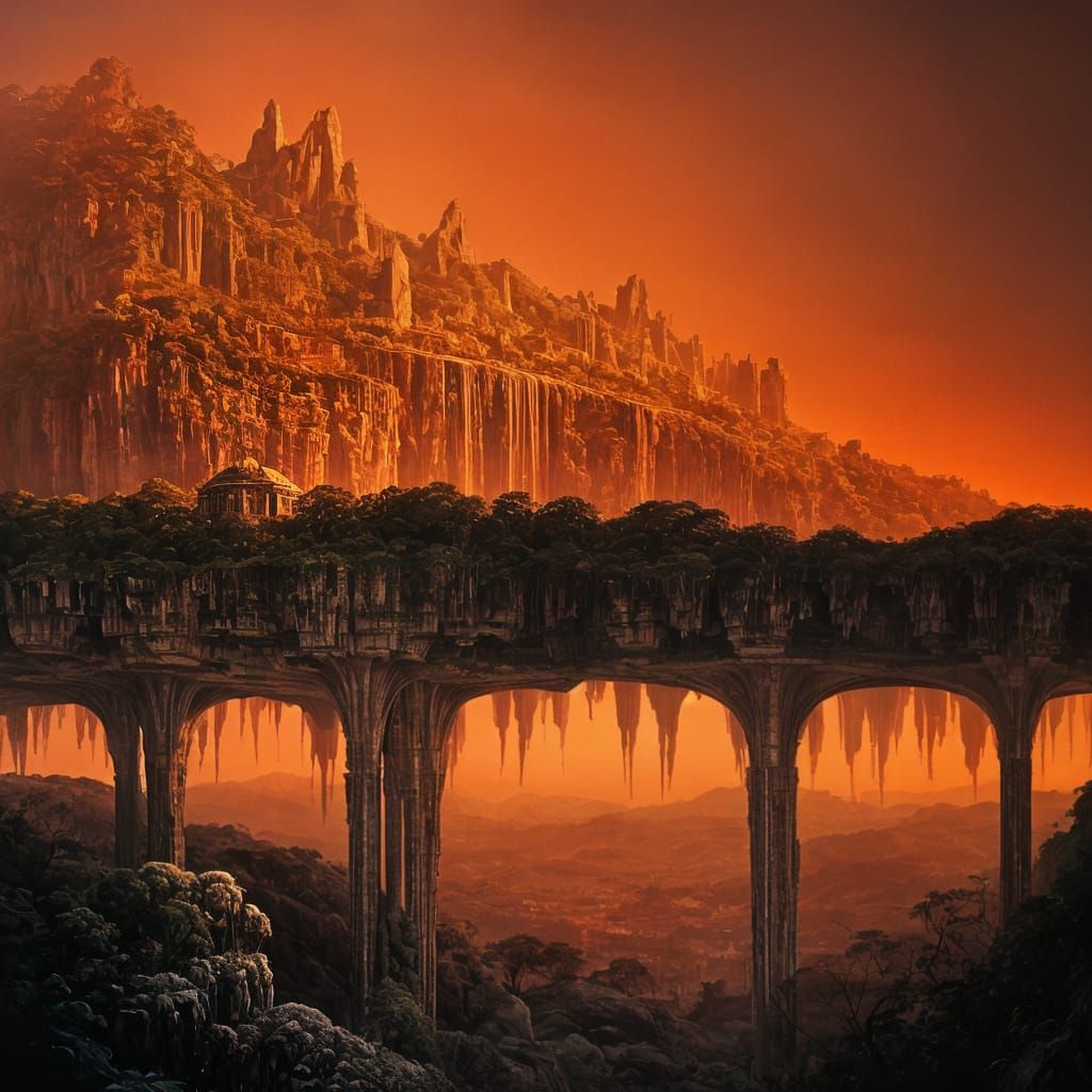 Architectural Cliffside City with Waterfall and Ravine