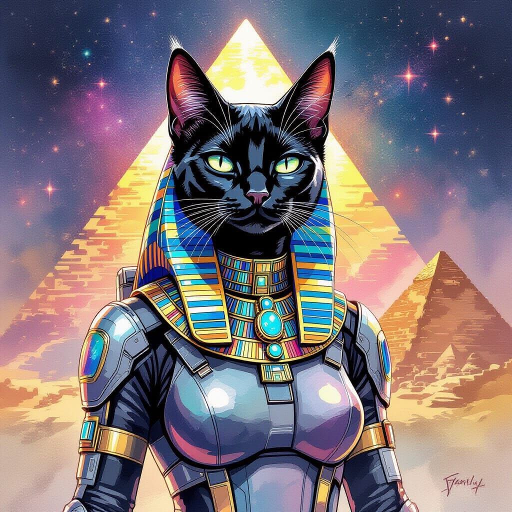 Cosmic Egyptian Goddess Bastet in Neon Punk Watercolor