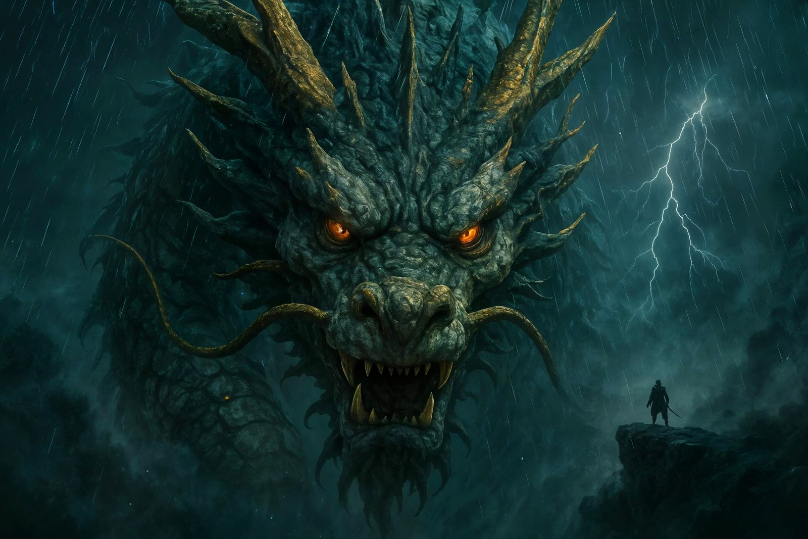 Furious Dragon in Storm Watches Lone Knight: Digital Art