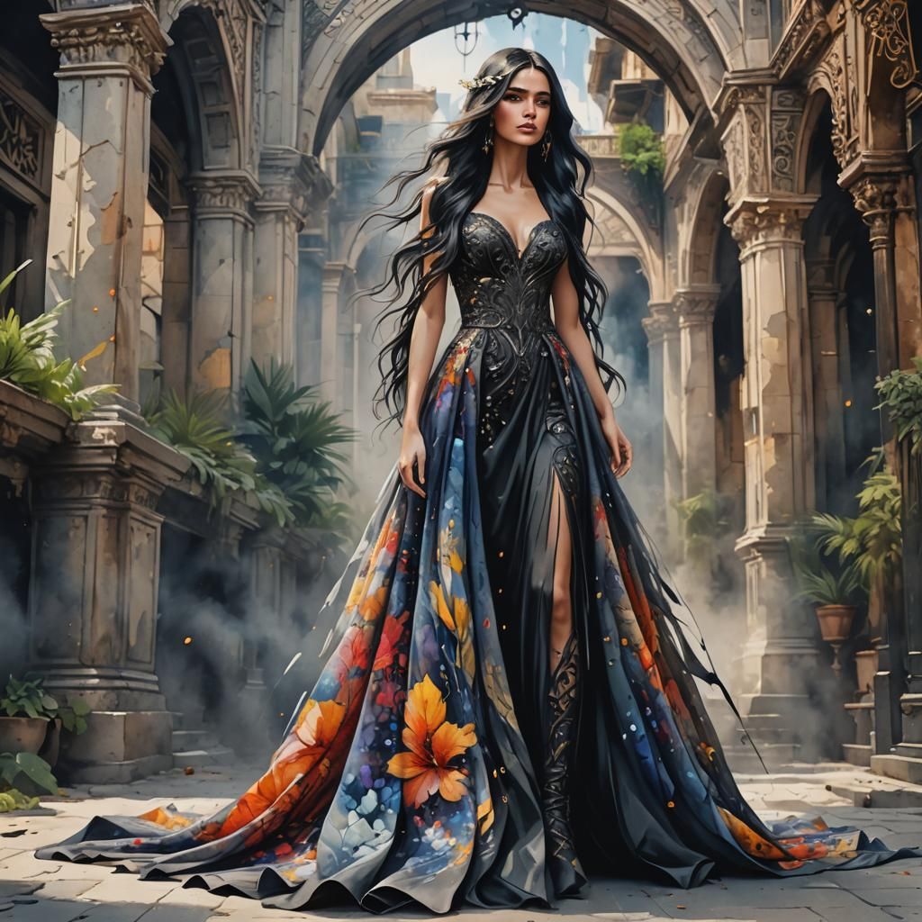 Watercolor Girl in Luxurious Dress