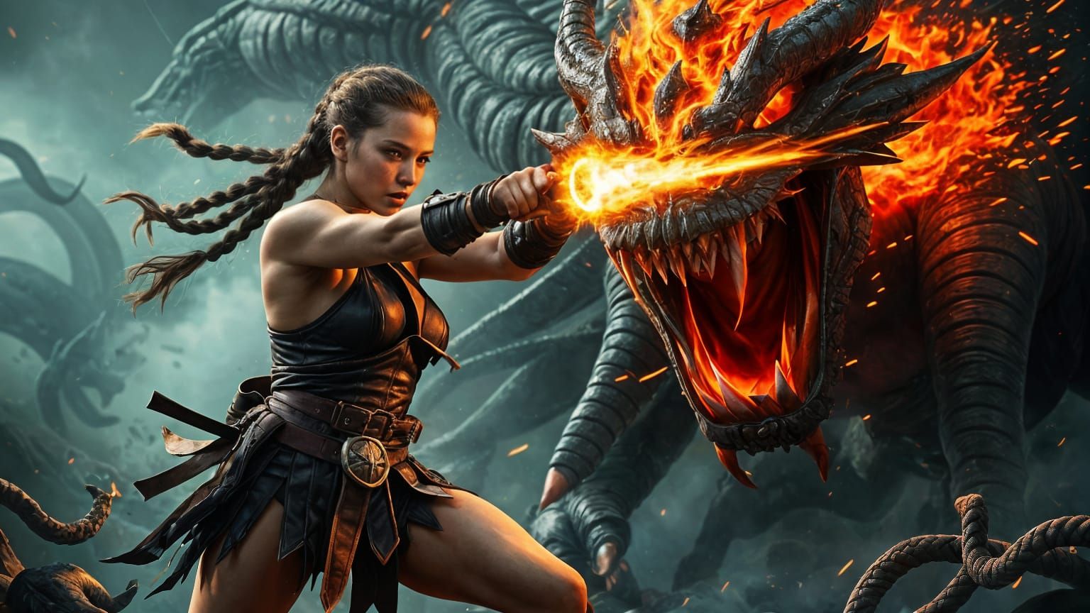 Energetic Barbarian Battles Alien Creature in Fiery Mist