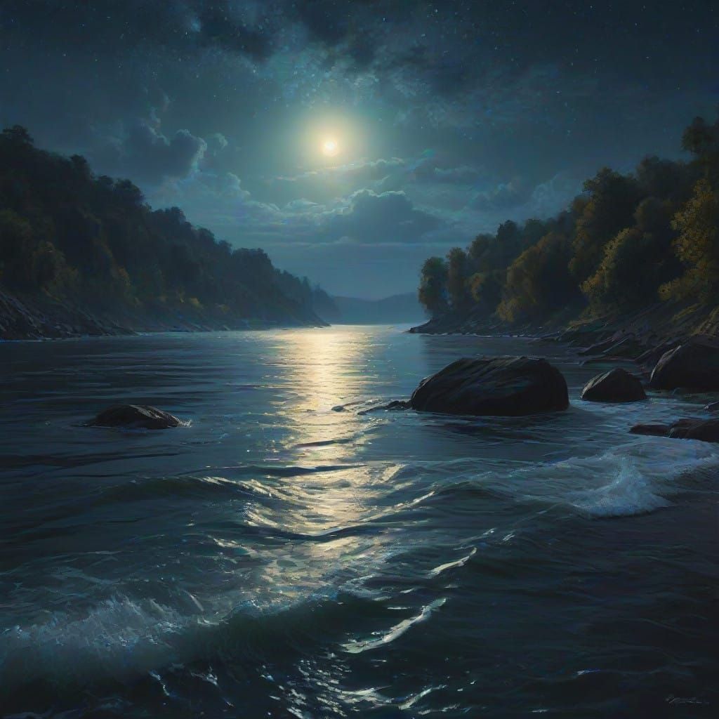 Majestic Nocturnal Landscape of the Dnieper River in Impasto...