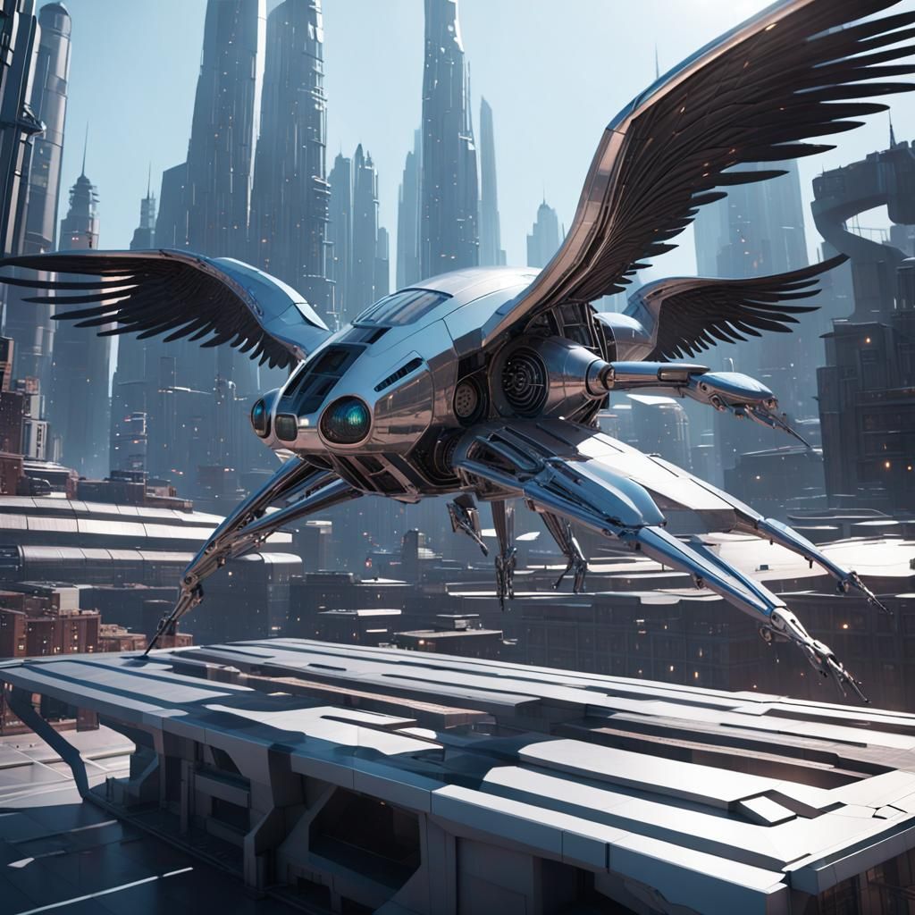 Mechanical Angel Flies Over Future Cityscape
