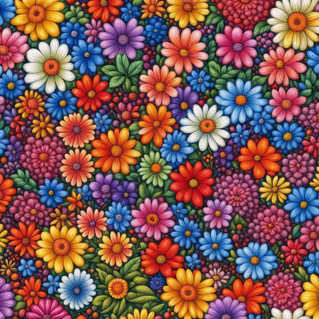 Vivid Felt-Tip Marker Drawing of Ninety-Nine Flowers