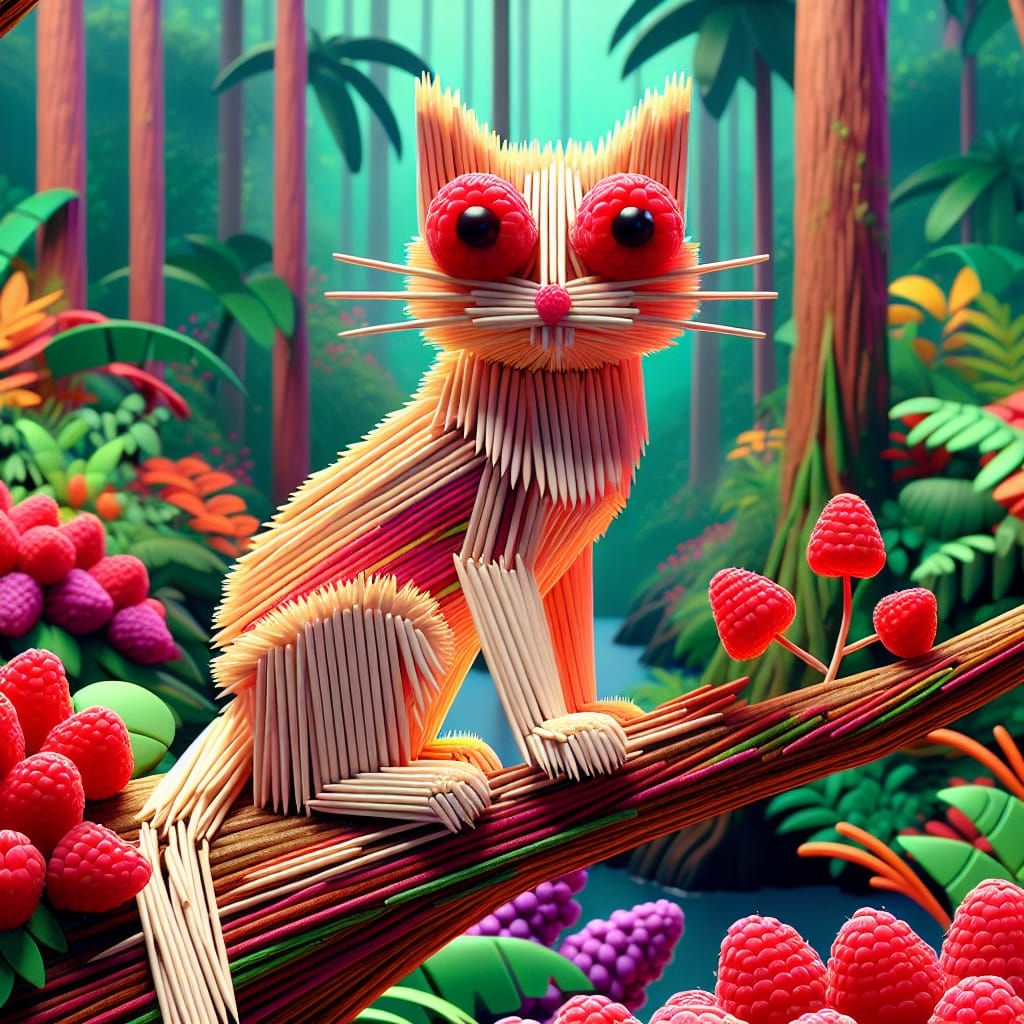 Toothpick Cat in Jungle, 3D Digital Art