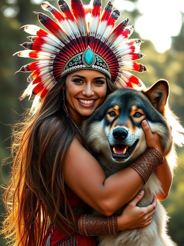 Native American Woman with Wolf in Forest