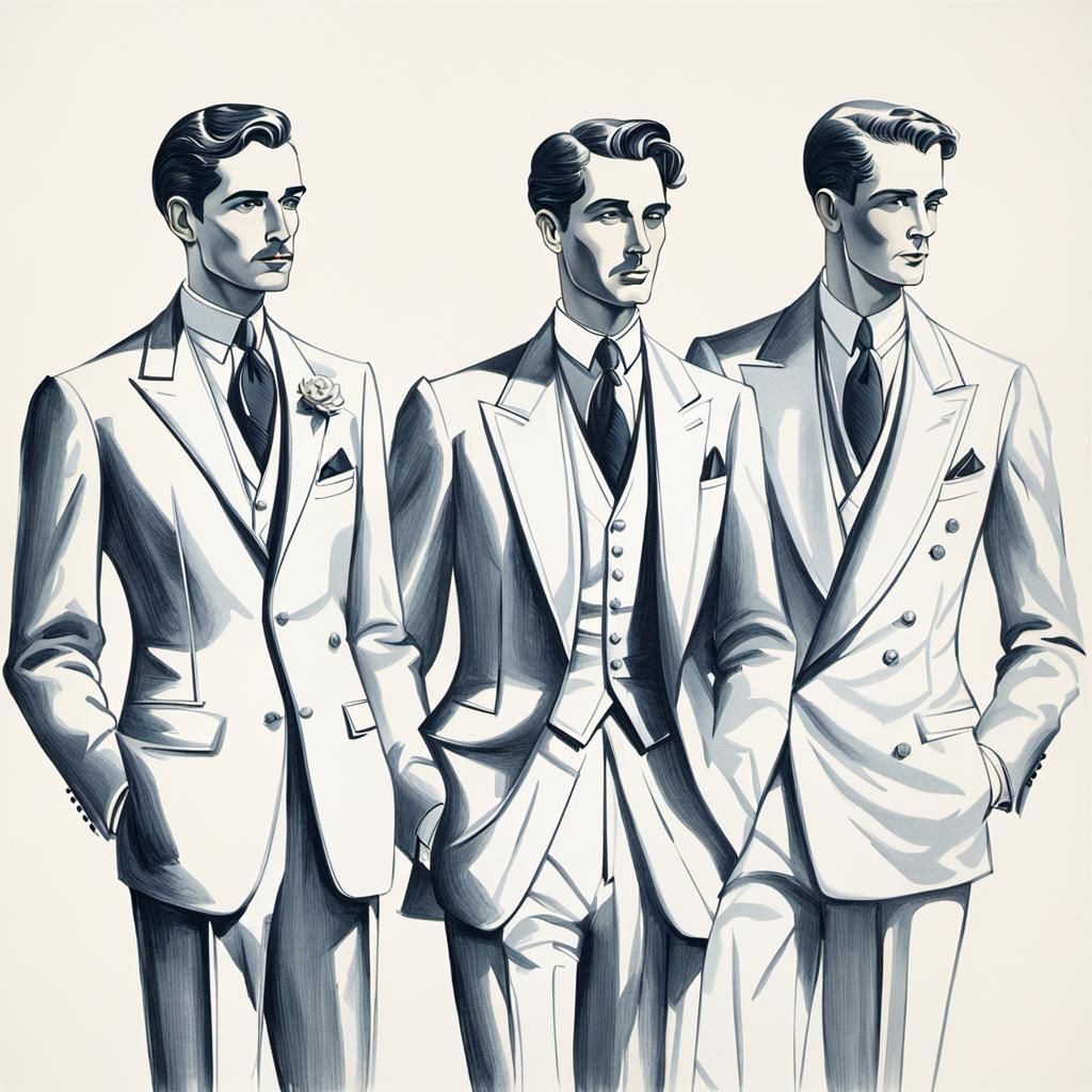 Elegant Men in Tuxedos: Vintage Art Deco Illustration