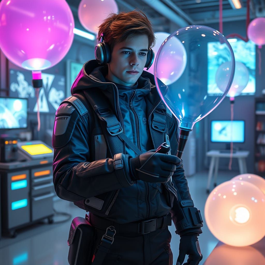 Engineer Designs Balloons in Futuristic Cyberpunk Workshop