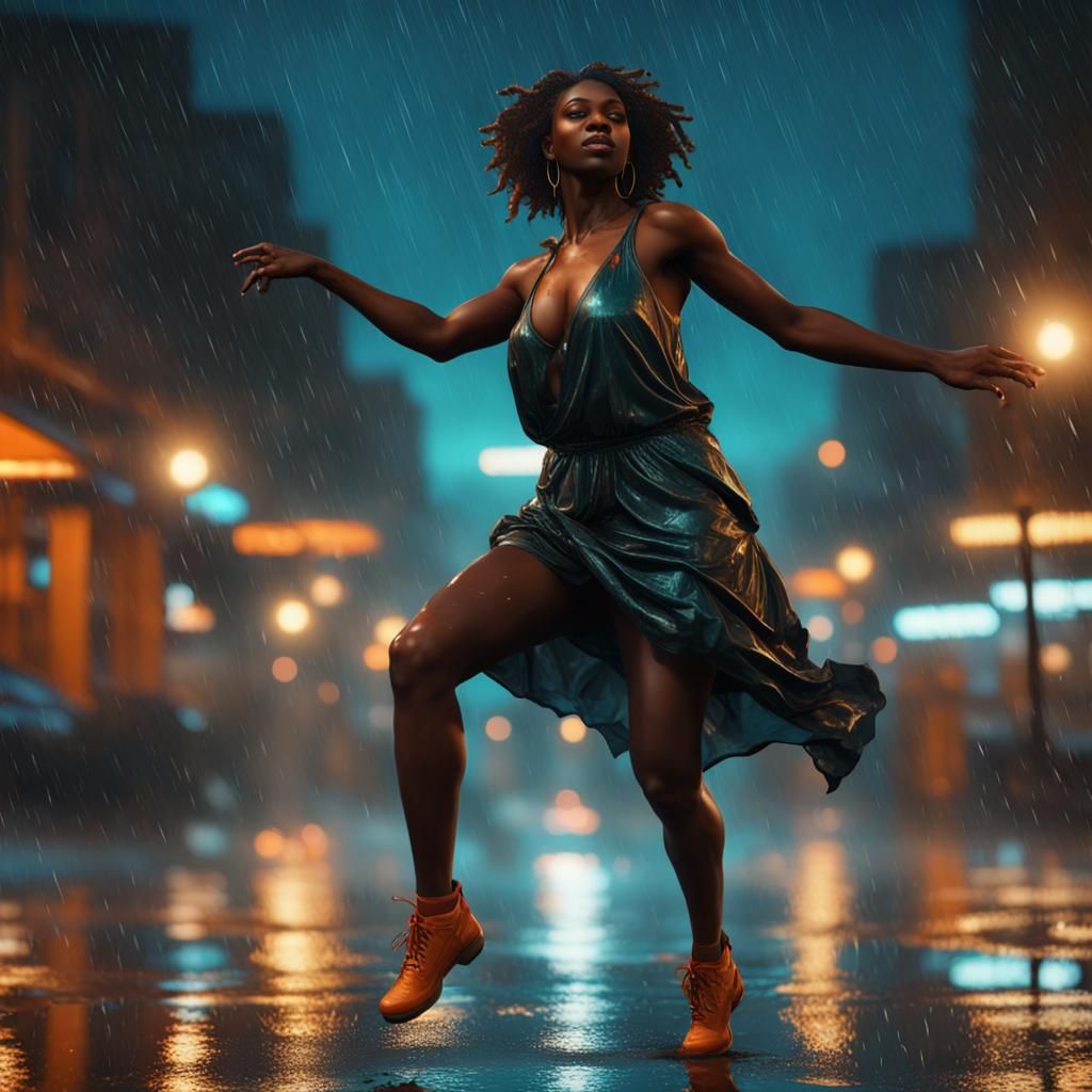 detailed black woman dancing in the rain at night, streetlights, puddles, 8k resolution concept art by Greg Rutkowski d...