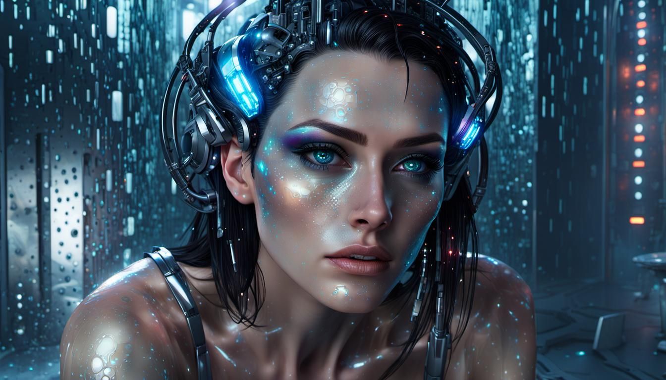 Crying Cybernetic Woman in Futuristic Starship