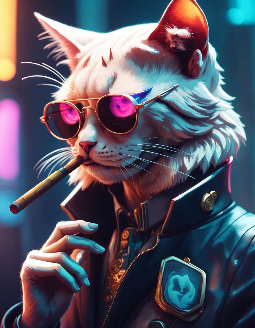 Cyberpunk Cat Smoking Cigar: Anime-Style Digital Art