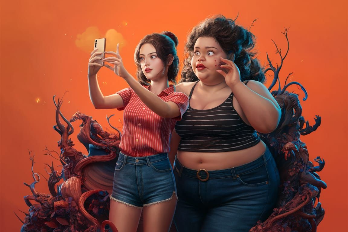 Two Young Women in Complementary Outfits, Digital Illustrati...