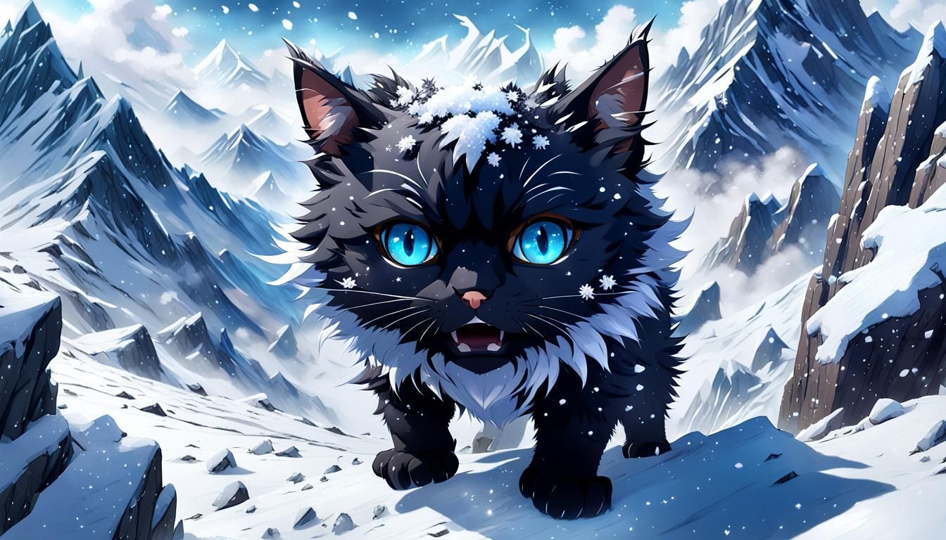Determined Cat Climbs Snow-Covered Mountain in 3D Anime Styl...