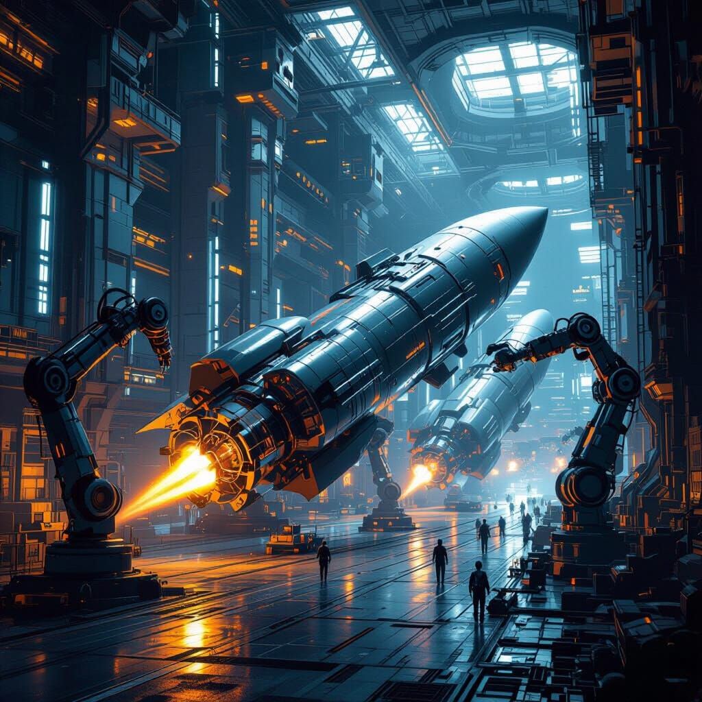 Futuristic Missile Factory with Glowing Robots in Sci-Fi Sty...