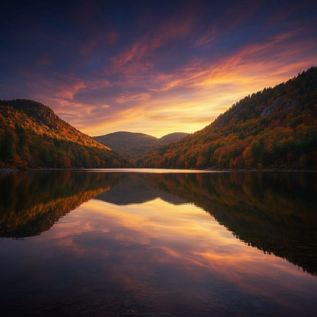 Hyperrealistic Lake Reflecting Hills in Vibrant Colors