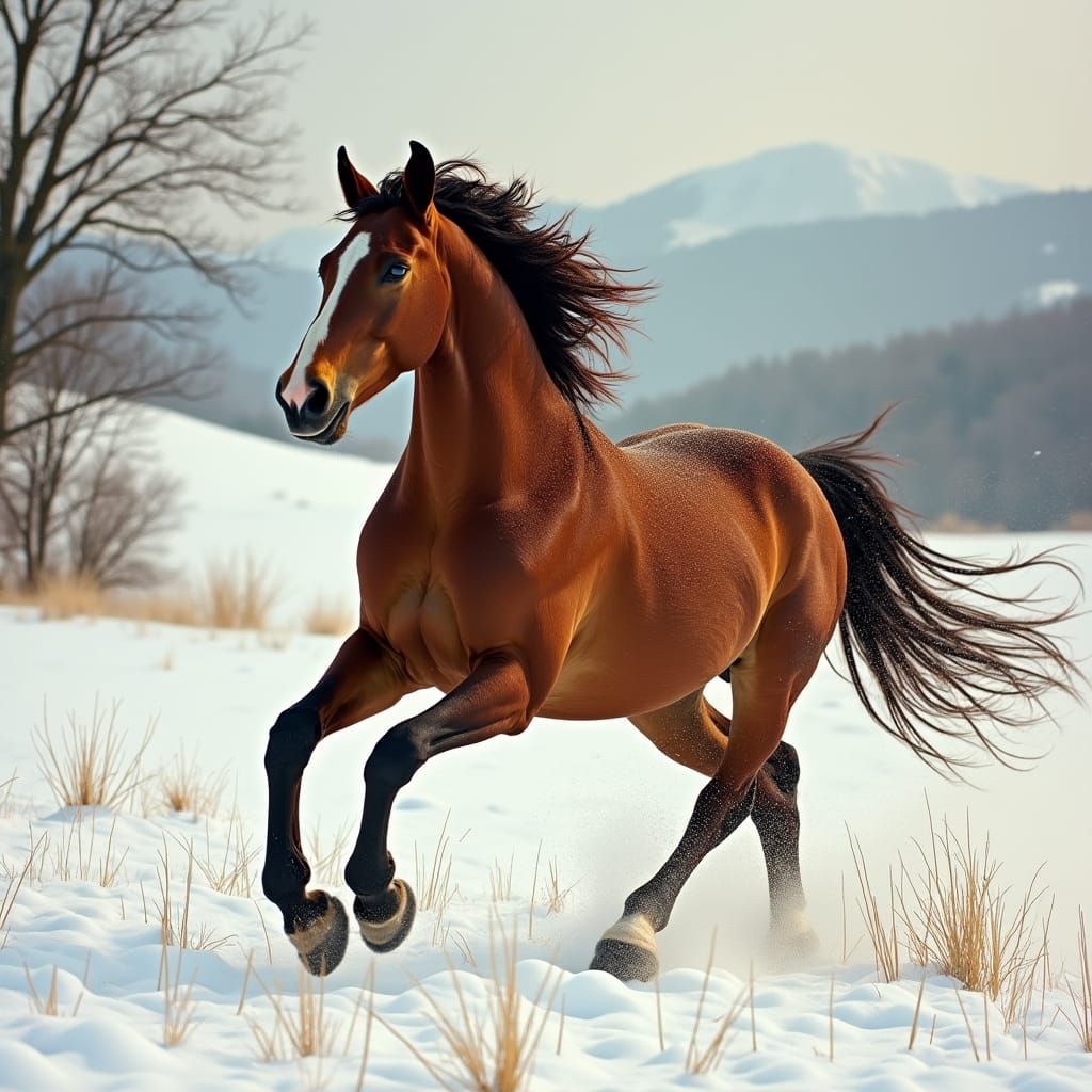 Majestic Horse Playing in Snowy Pasture