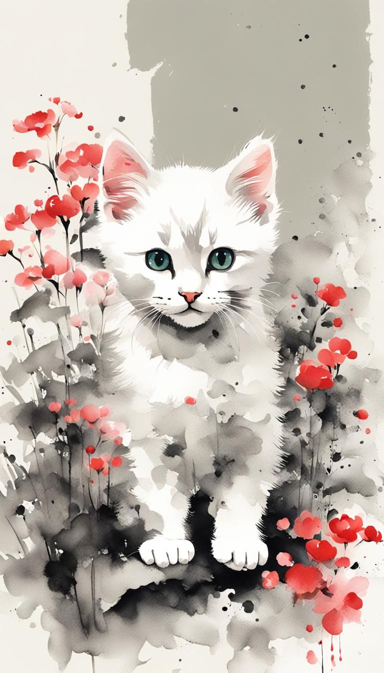 Cute Kitten in Flower Garden: Chinese Ink Painting