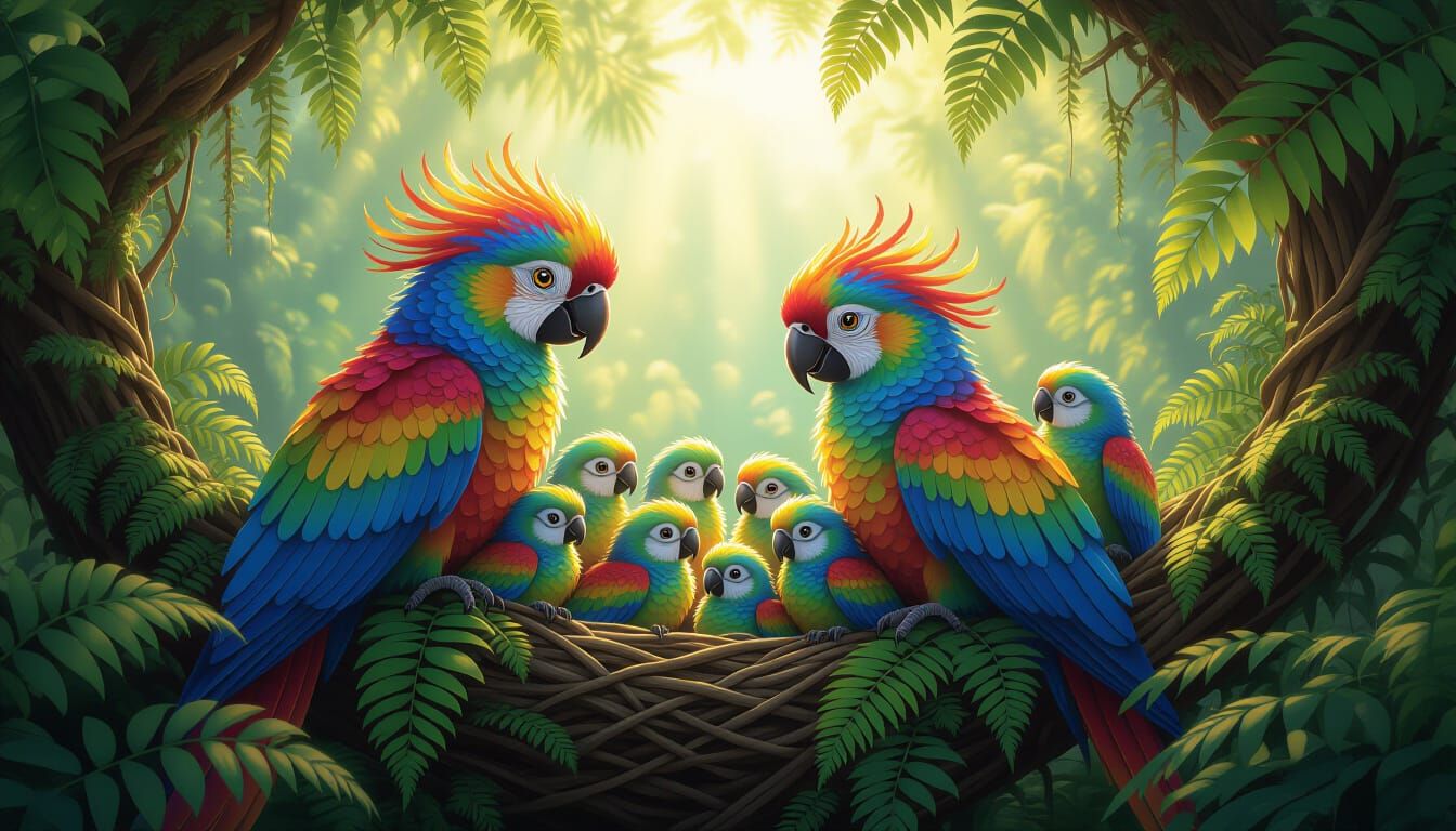 Mother and father fantasy rainbow parrots guard many baby fa...
