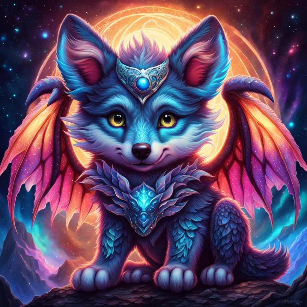 Wolf Cub with Dragon Wings in Holographic Illustration