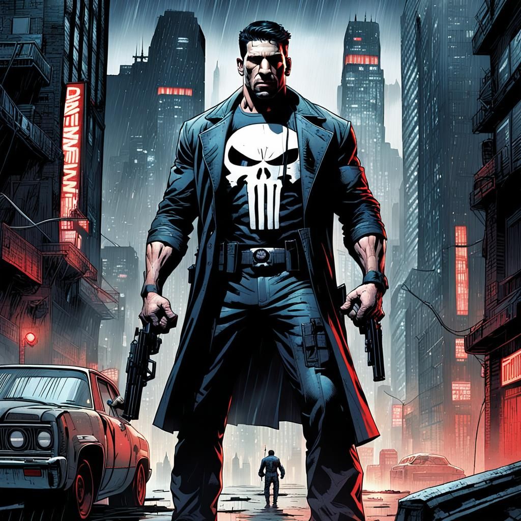 Punisher Comic Book Cover in Gritty Cityscape