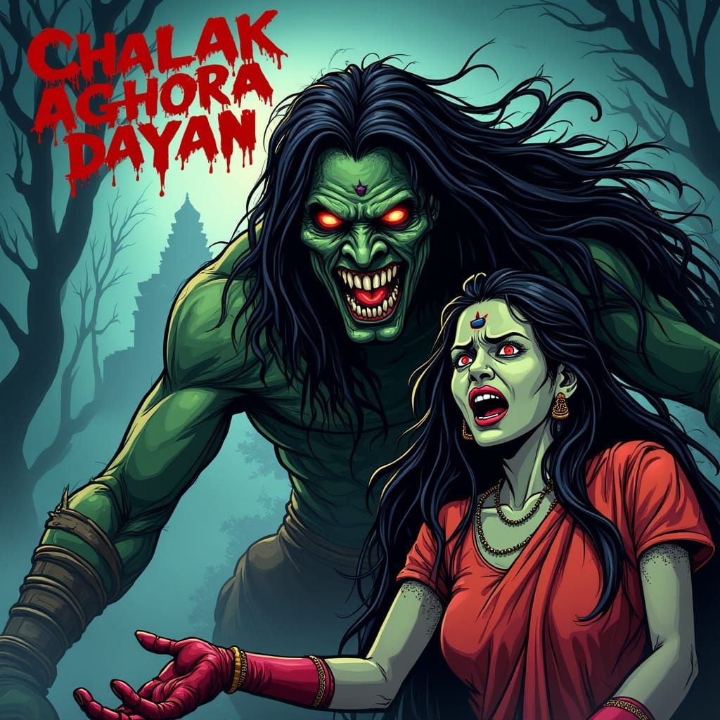 Cartoon Horror: Green-Skinned Witch Looms Over Frightened Wo...