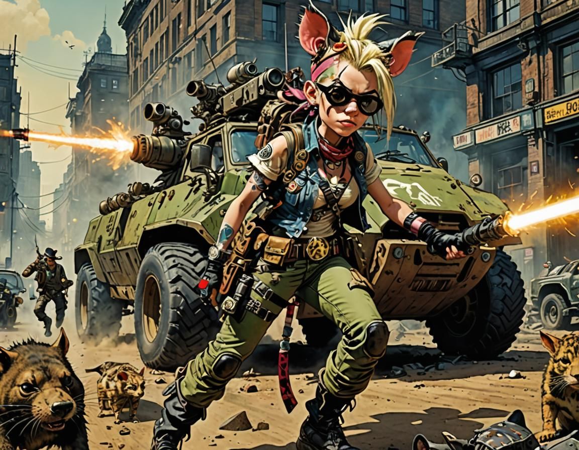 In a Postapocalyptic dystopian future London Jamie Hewlett’s Tank Girl as a rebellious punk grungy gorgeous military/ co...