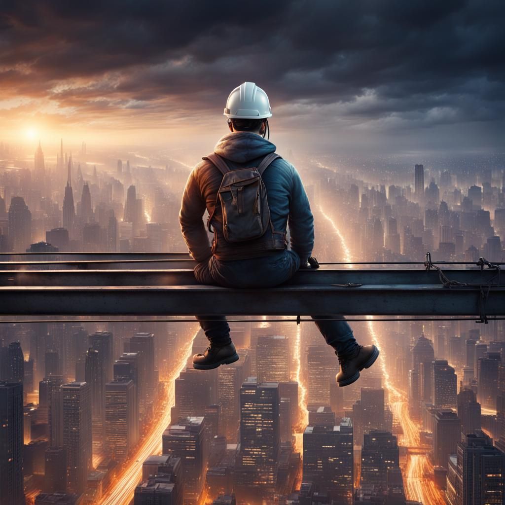 Construction Worker Above Cityscape with Dreamy Lighting