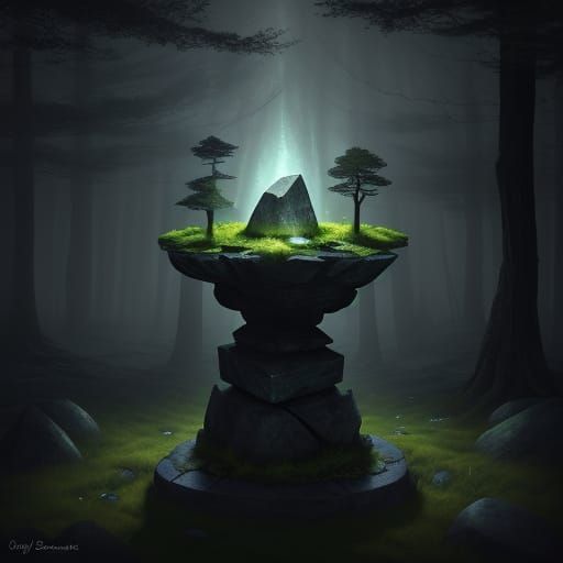 Mysterious Glowing Stone in Dark Forest