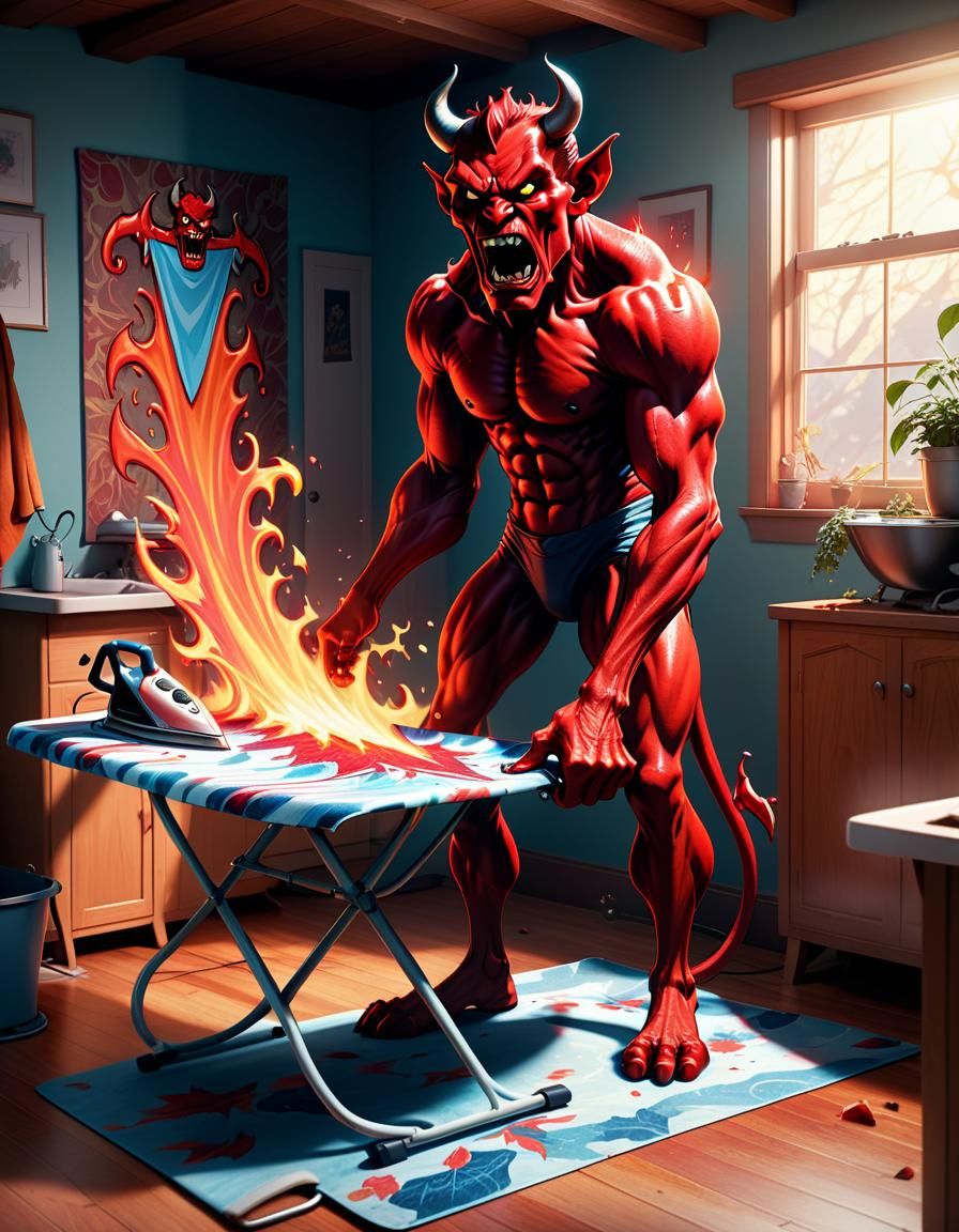 Devil Ironing Shirt in Basement, Unreal Engine 5 Style