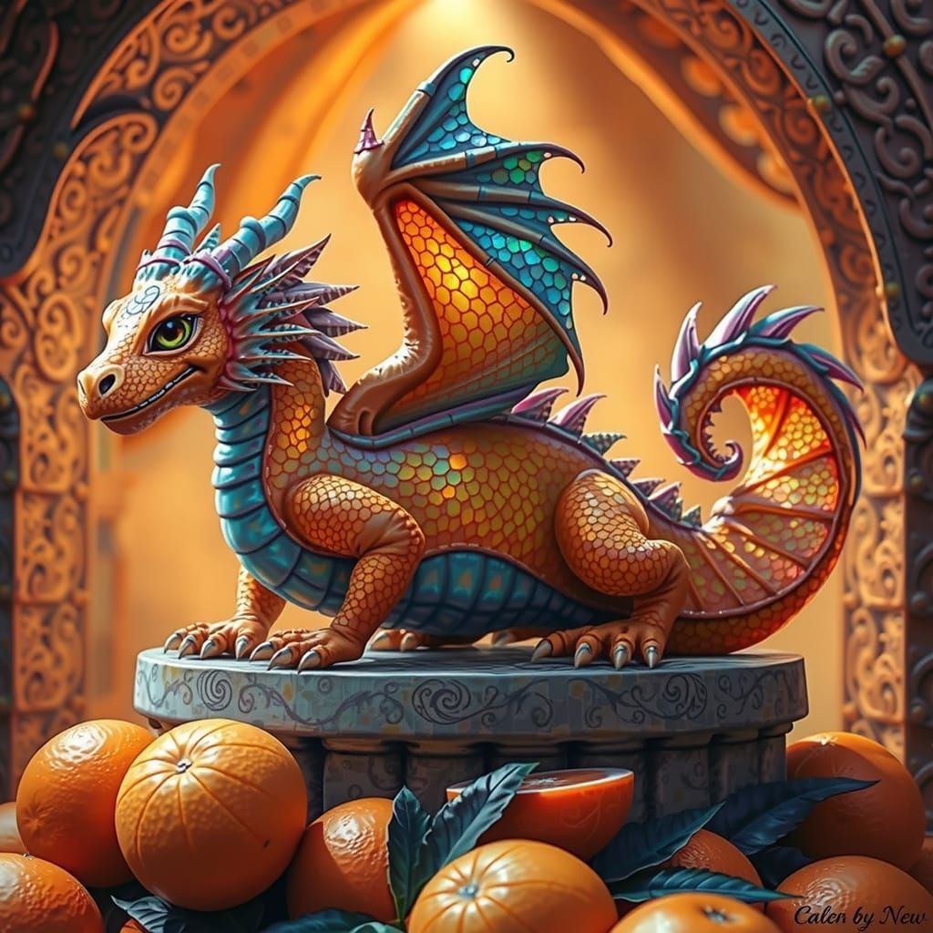 Whimsical Dragon Amidst Vibrant Oranges in Textural Fusion S...